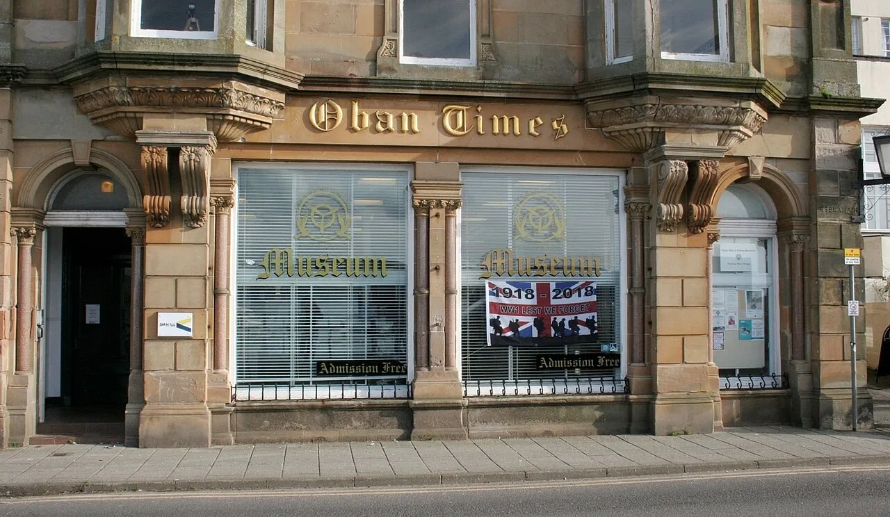 Oban War & Peace Museum entrance beneath the old Oban Times lettering