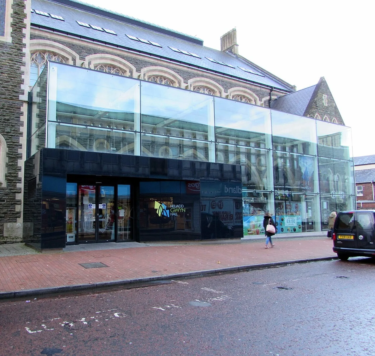 The glazed entrance to Gwyn Hall in Neath