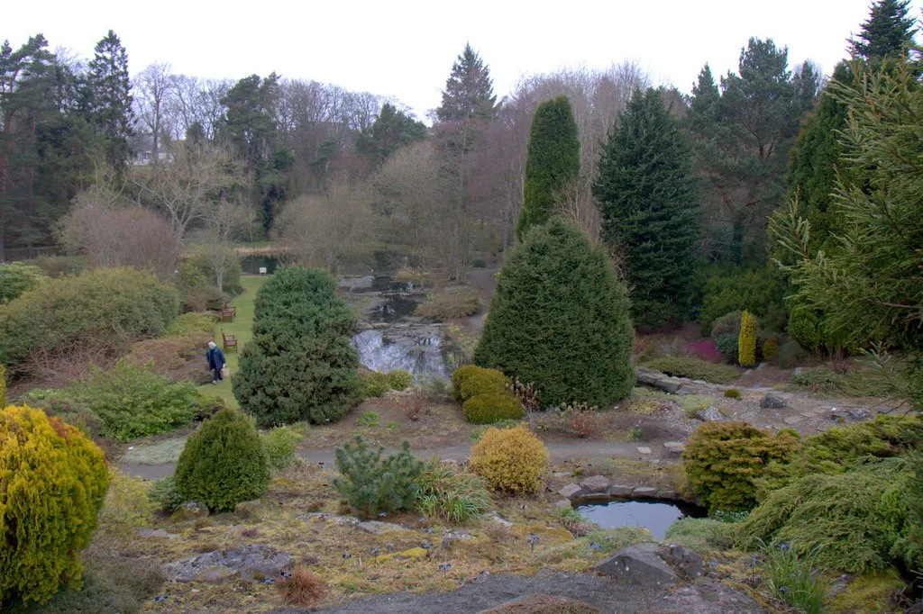 Rock garden, pond and trees at St Andrews Botanic Garden