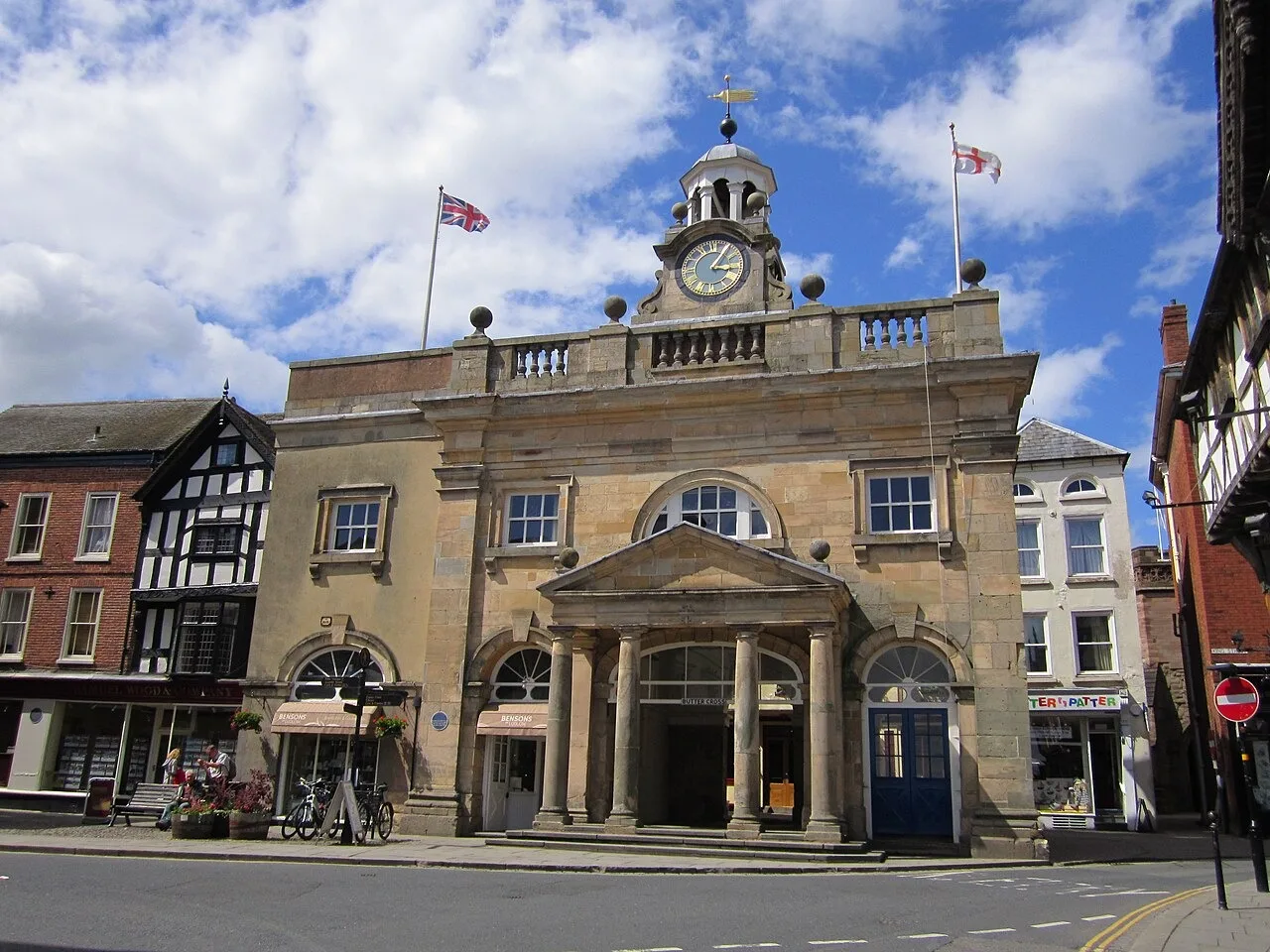 The Buttercross clock tower and entrance in Ludlow town centre