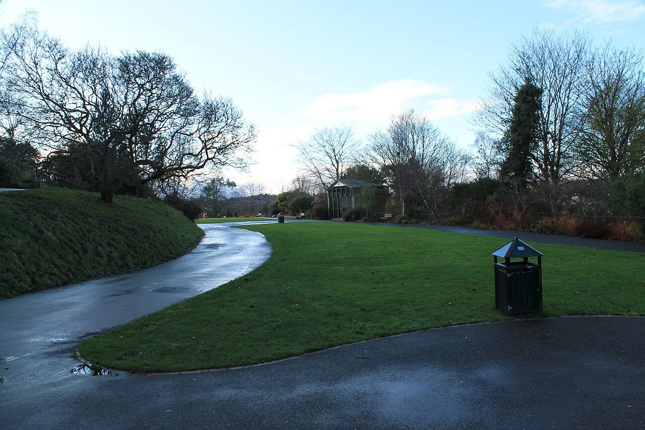 Curving paths, lawns and leafless trees in Northernhay Gardens