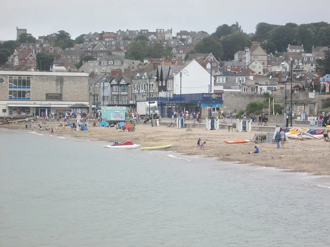 Swanage beach and the town around the bay