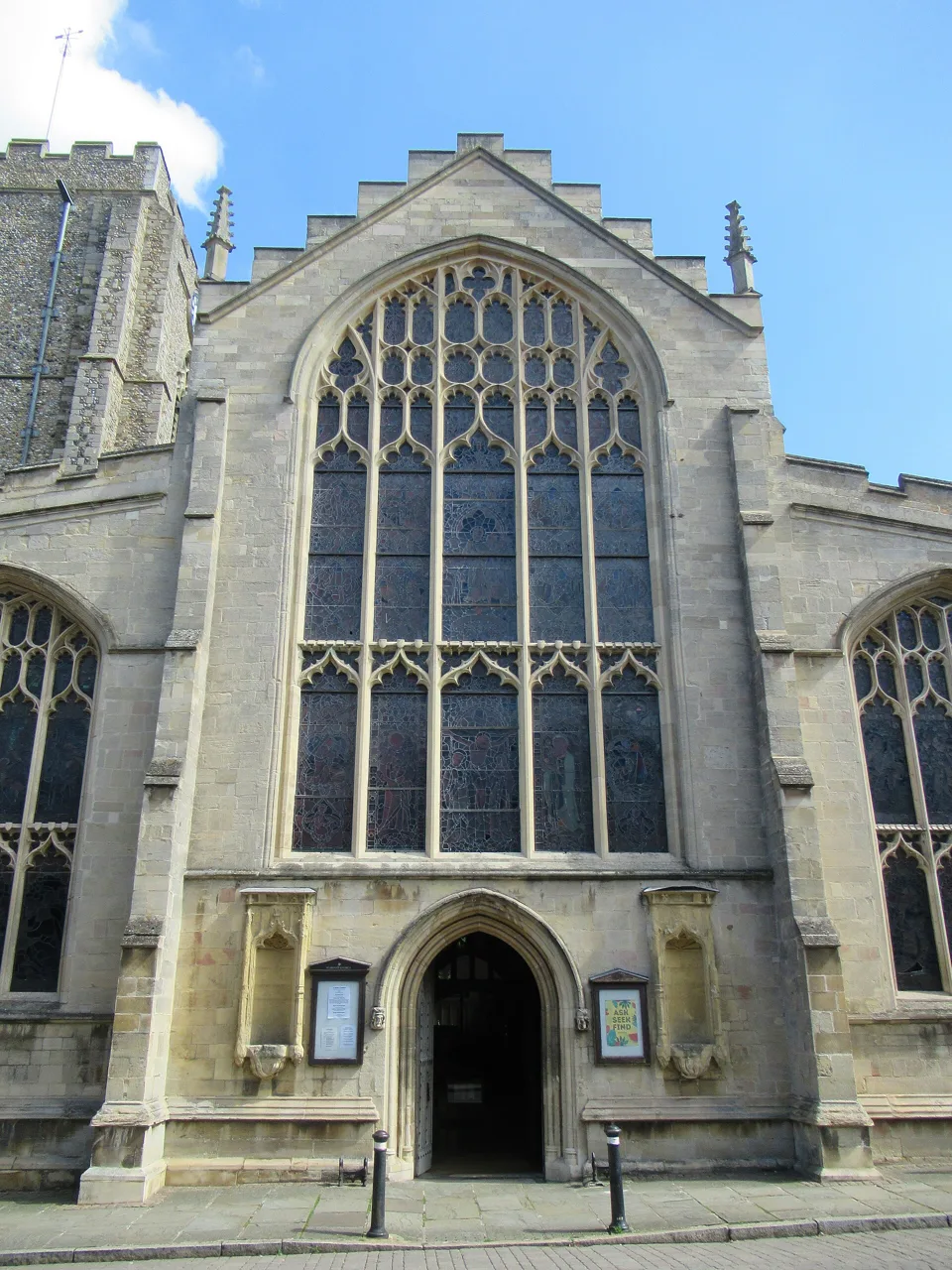 West window and entrance of St Mary’s Church in Bury St Edmunds