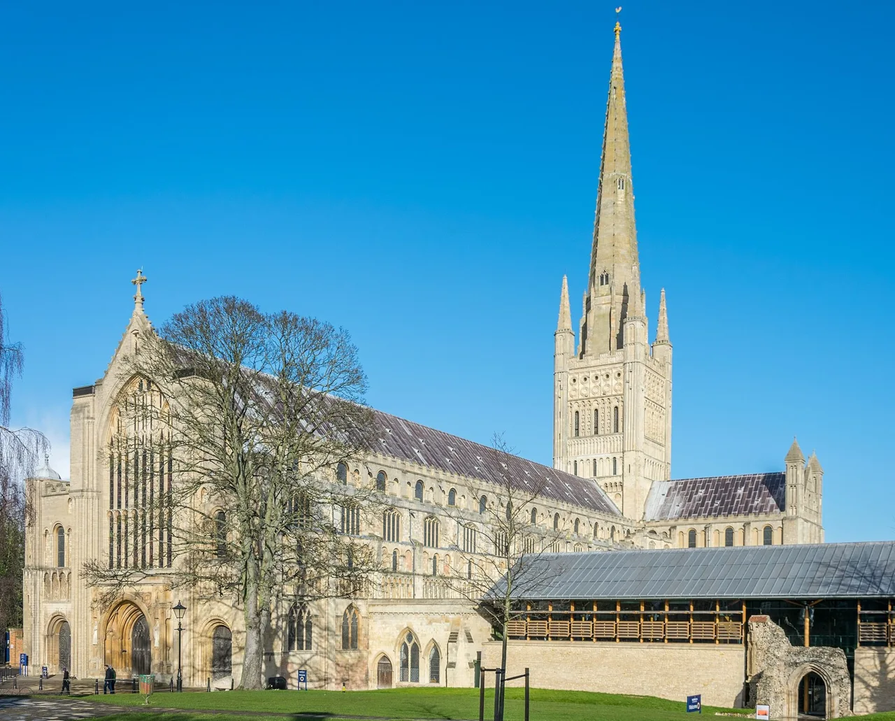 Norwich Cathedral’s west front and spire above the Close