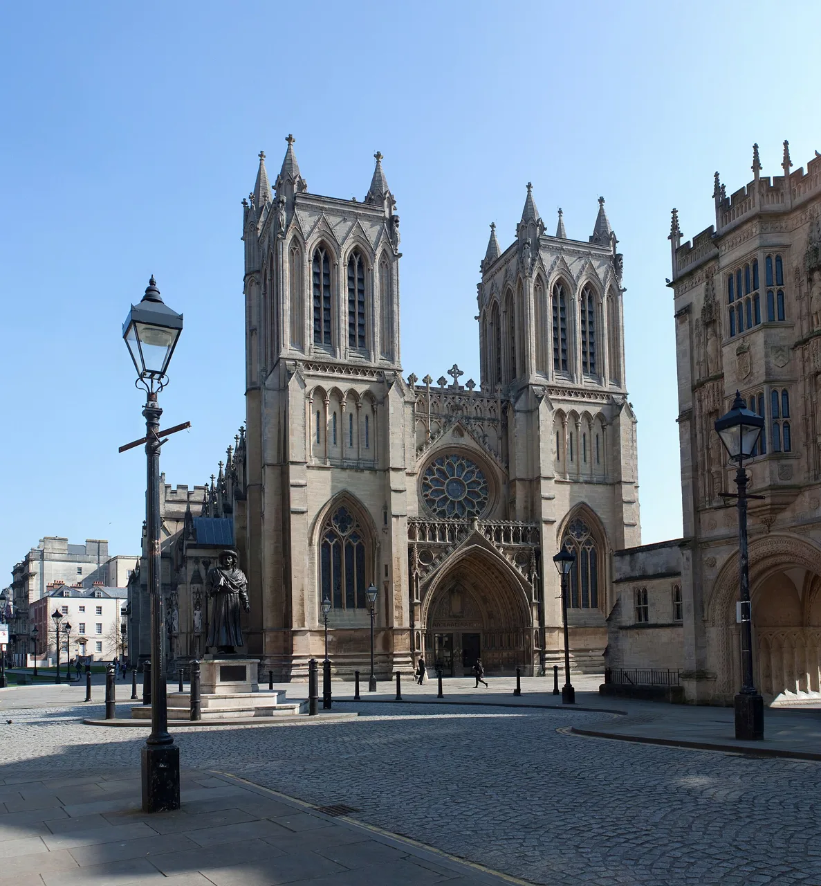 The twin towers and west entrance of Bristol Cathedral