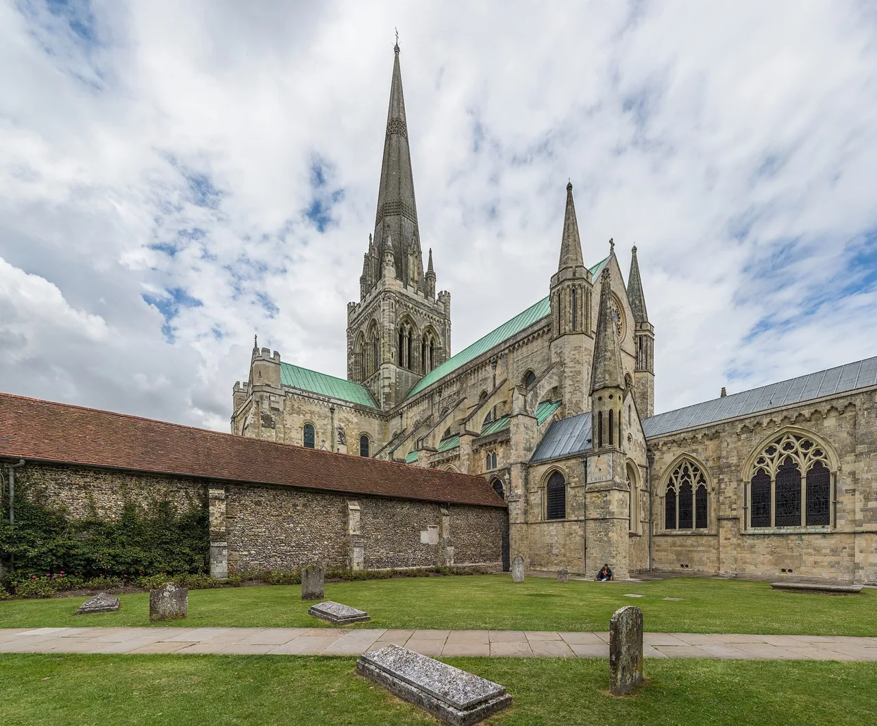 Chichester Cathedral’s spire and exterior beside the cloisters
