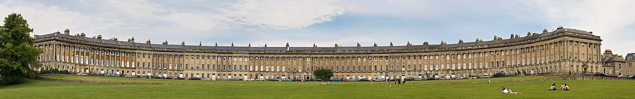 A panoramic view of Bath’s Royal Crescent above the lawn