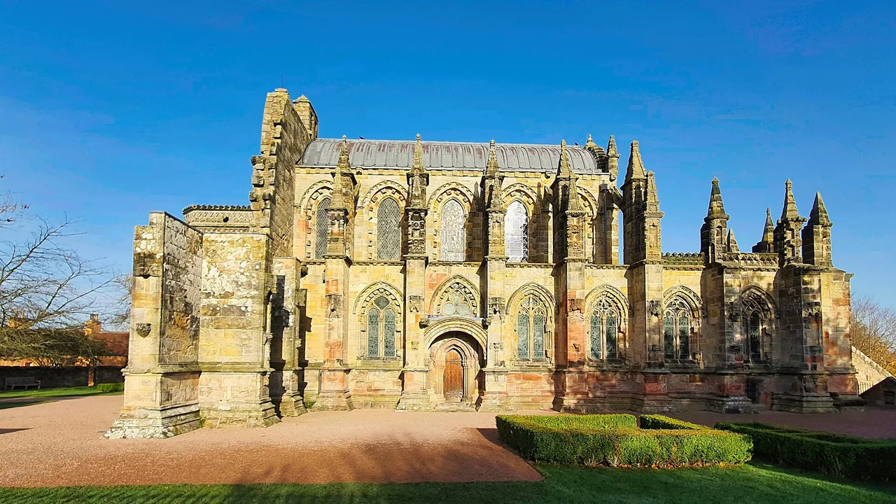 The carved exterior and windows of Rosslyn Chapel in Roslin
