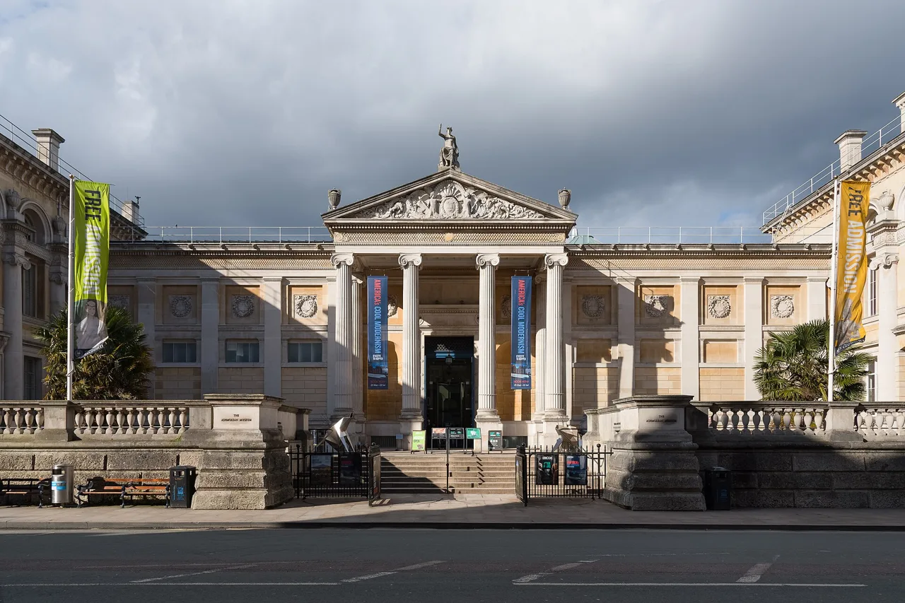 The columned front entrance of the Ashmolean Museum on Beaumont Street