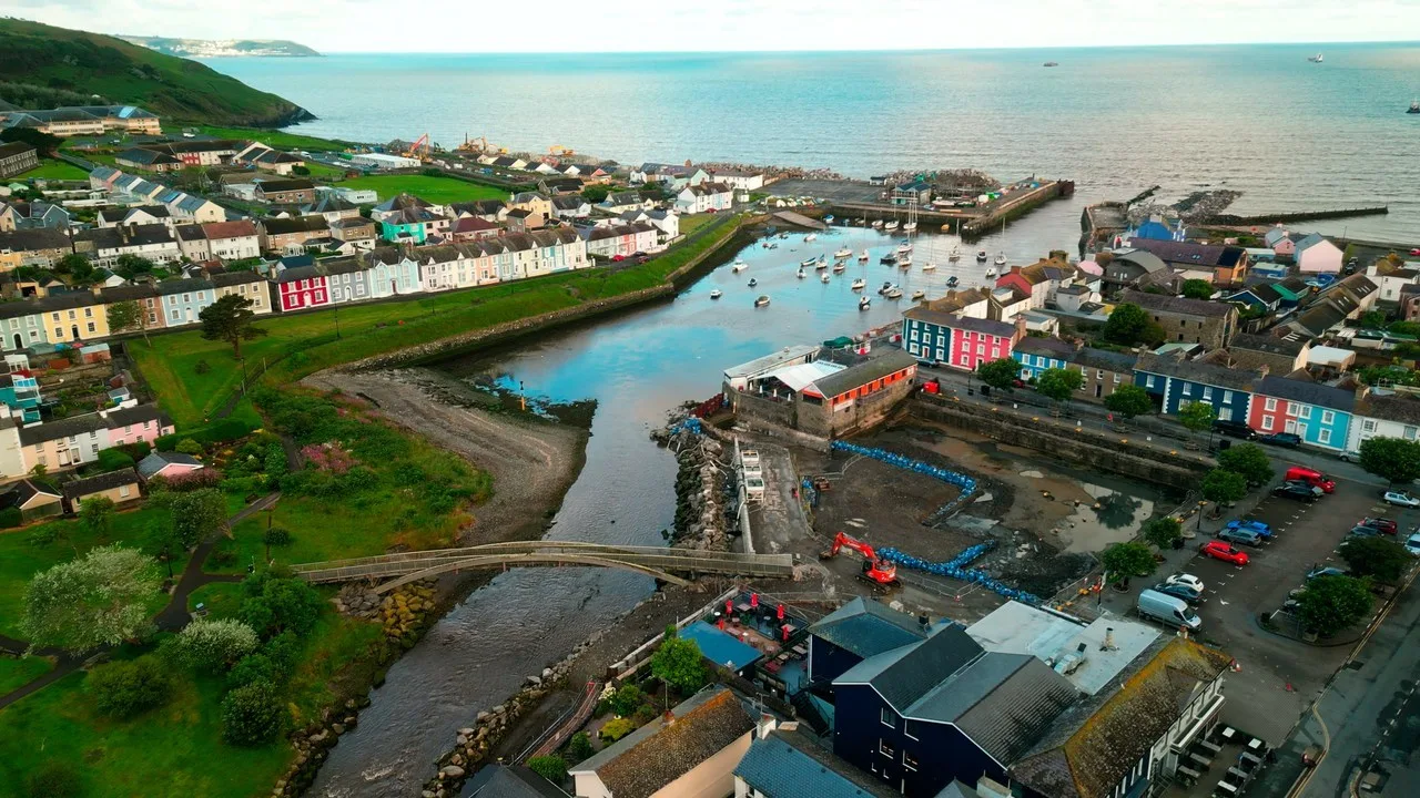 Aberaeron harbour and colourful town buildings