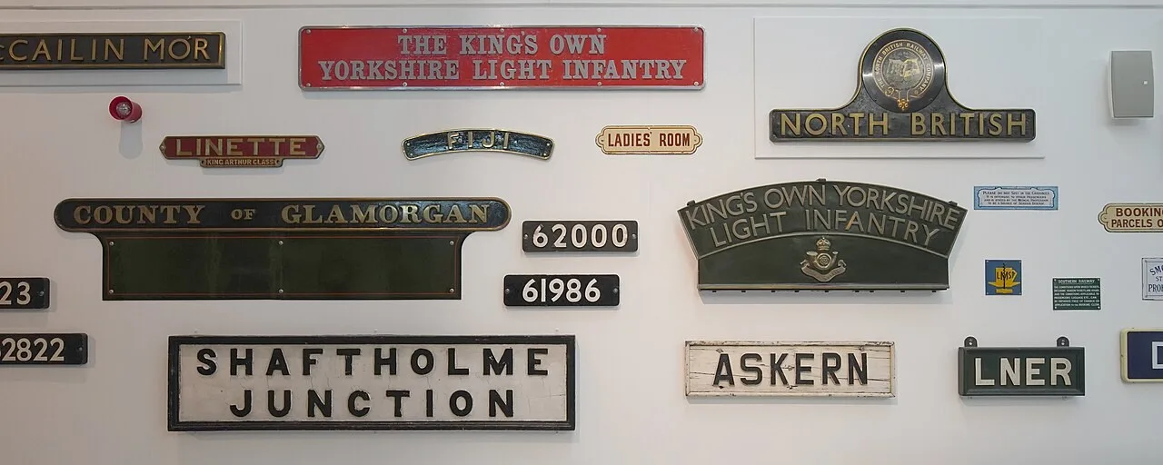 Historic railway nameplates displayed at the Danum in Doncaster