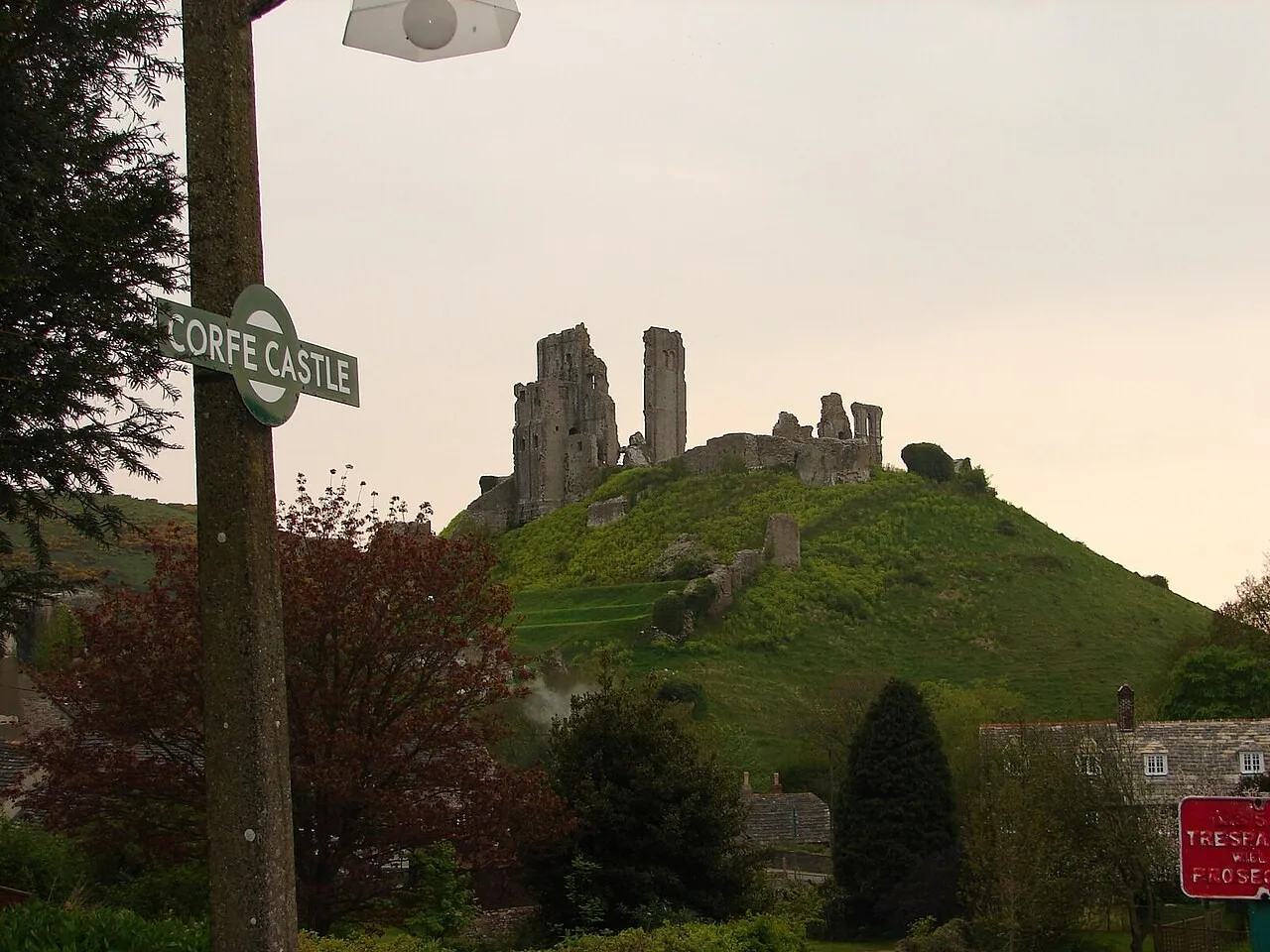 Corfe Castle ruins on the hill, viewed from Corfe Castle railway station