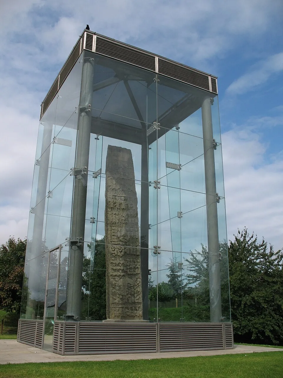 Sueno’s Stone in its protective enclosure in Forres