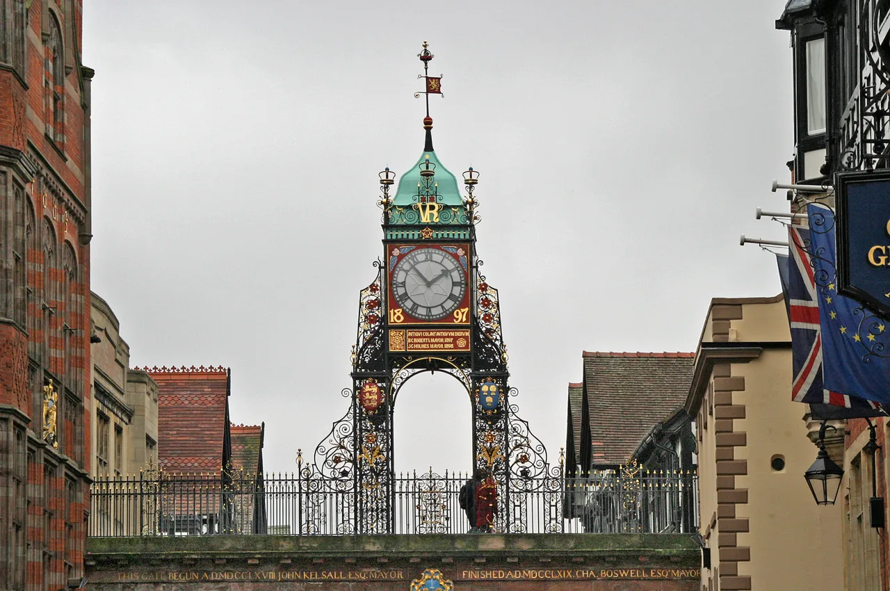 The ornate Eastgate Clock above Chester’s raised city wall walkway