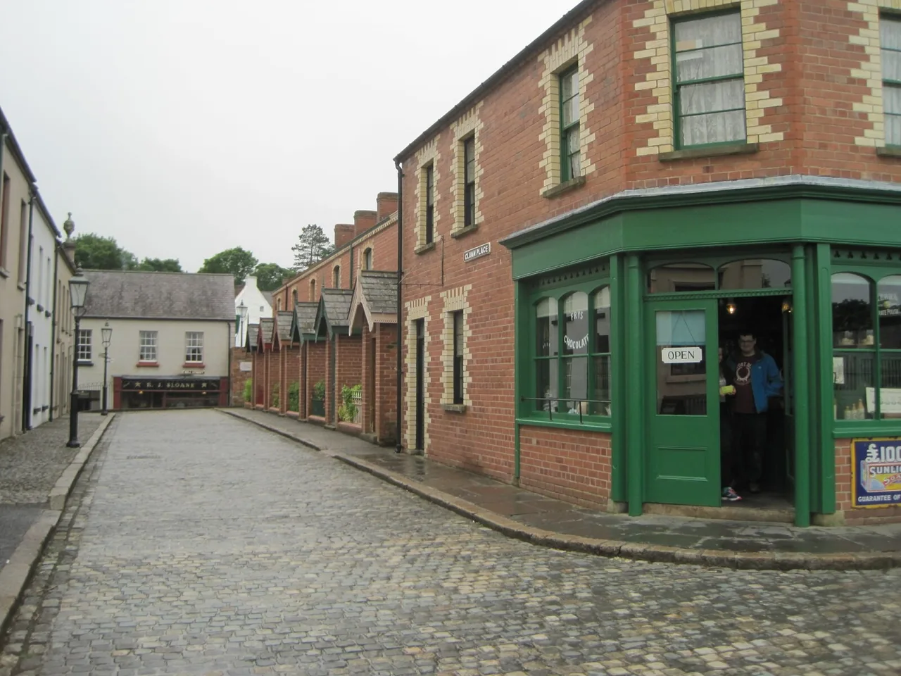 A historic corner shop and street in Ballycultra at the Ulster Folk Museum