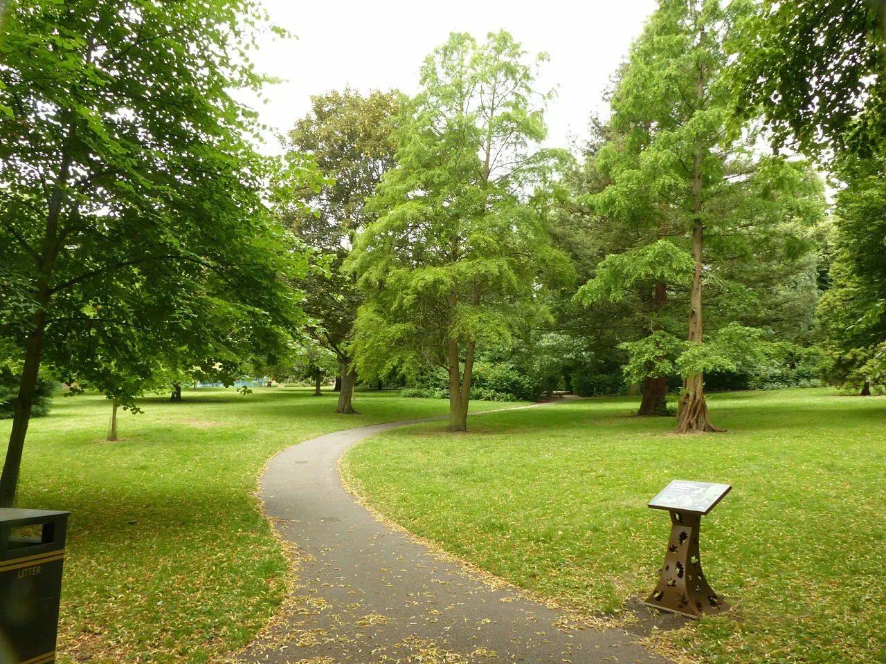 A curving surfaced path among mature trees and lawns in Nottingham Arboretum