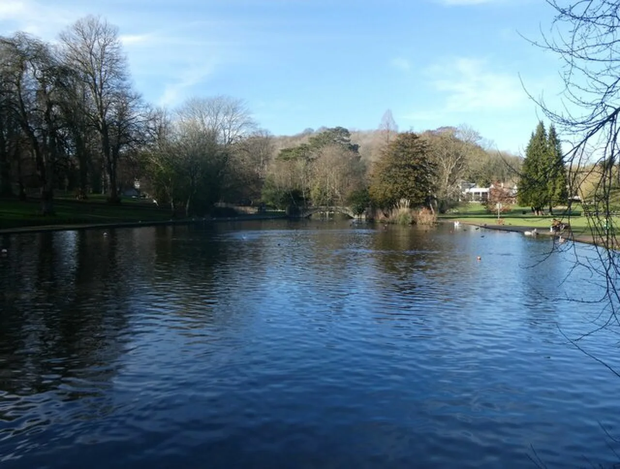 Water and mature trees around the lake at Kearsney Abbey