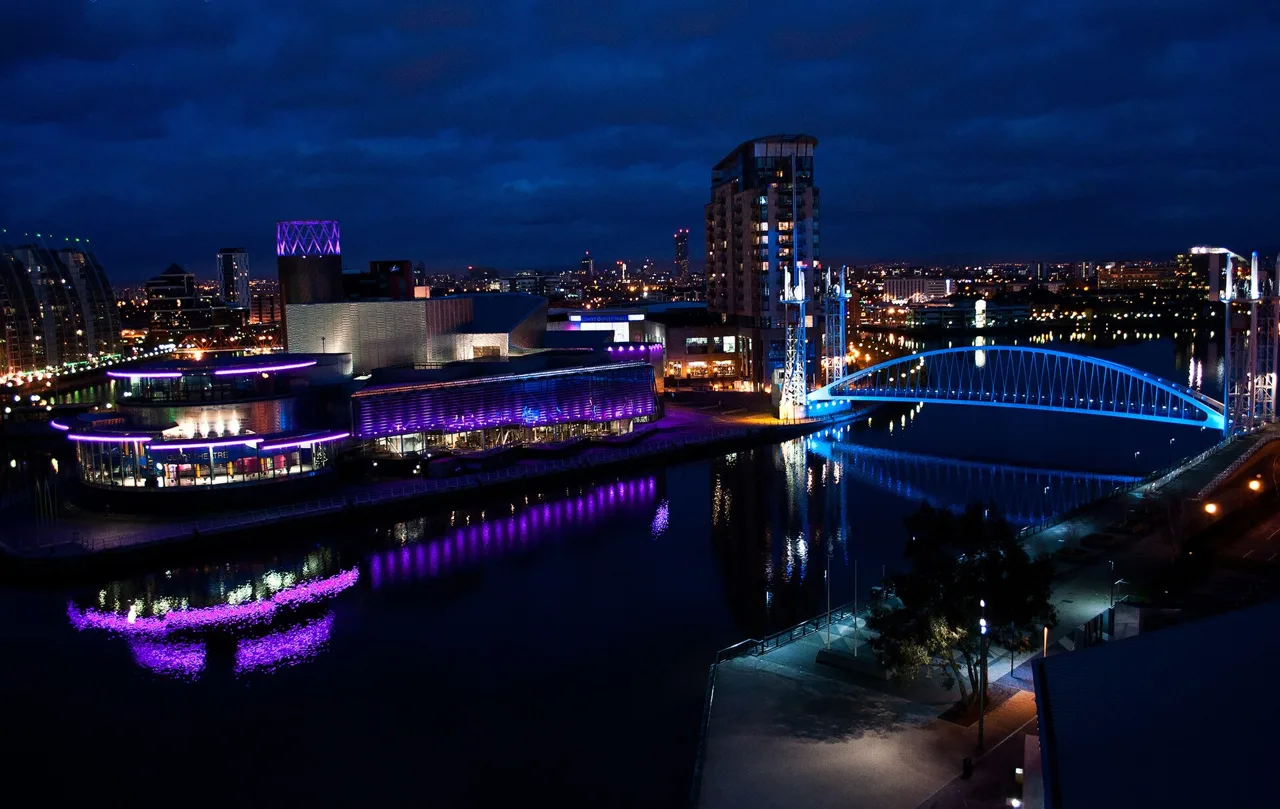 Lowry and the illuminated footbridge at Salford Quays photographed at night