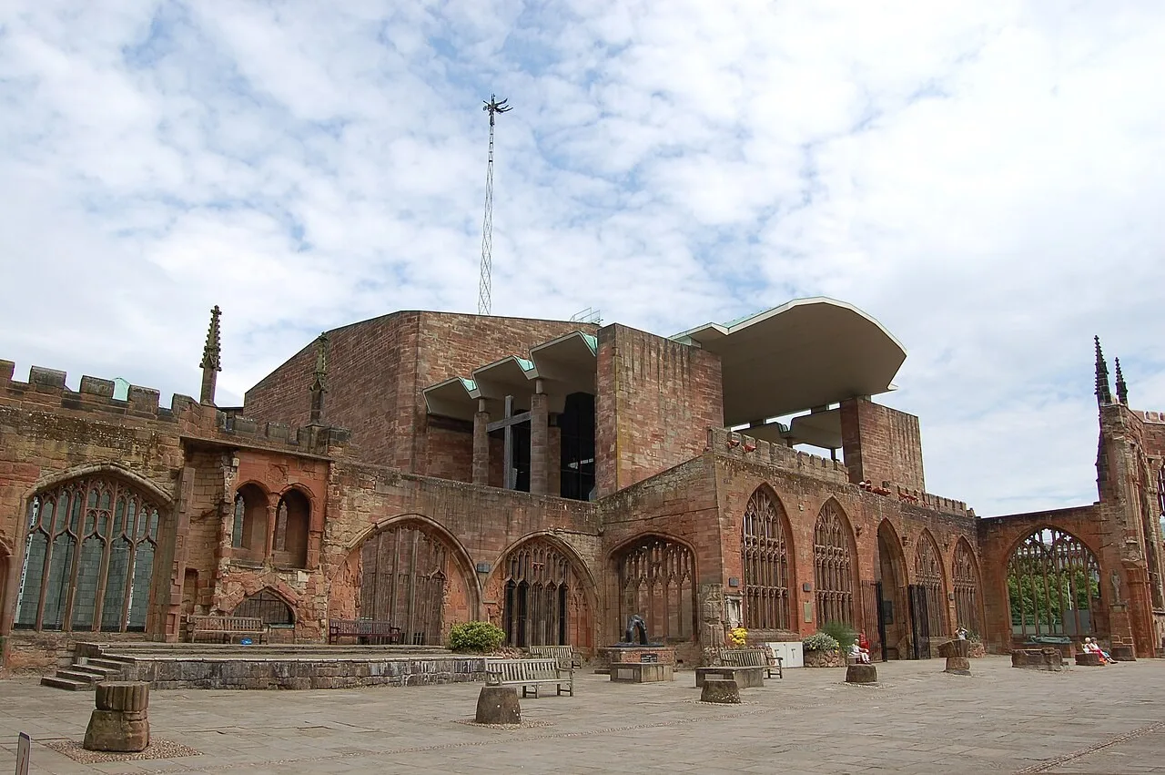 Coventry Cathedral seen through the old cathedral ruins