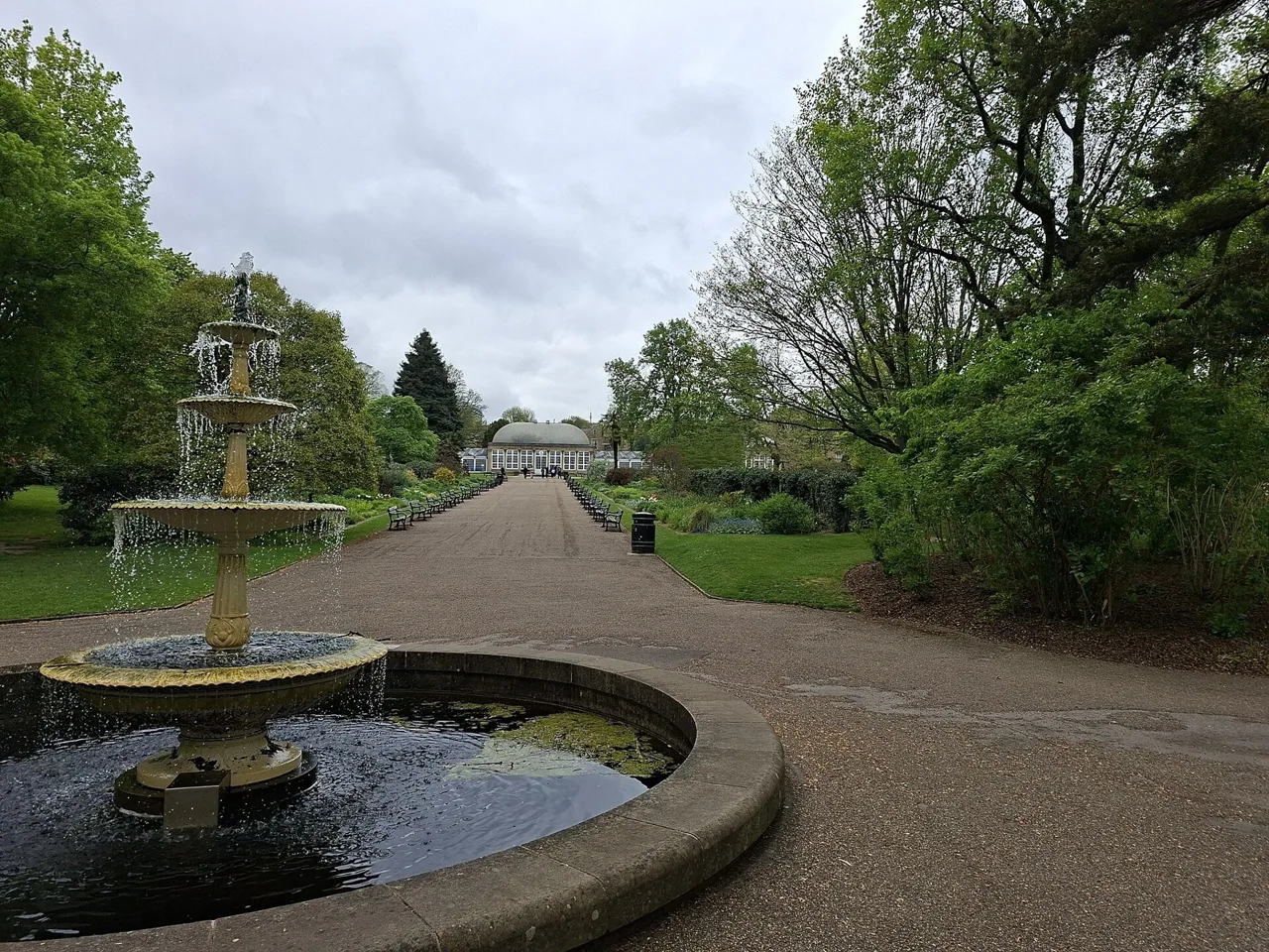 Fountain and tree-lined paths in Sheffield Botanical Gardens