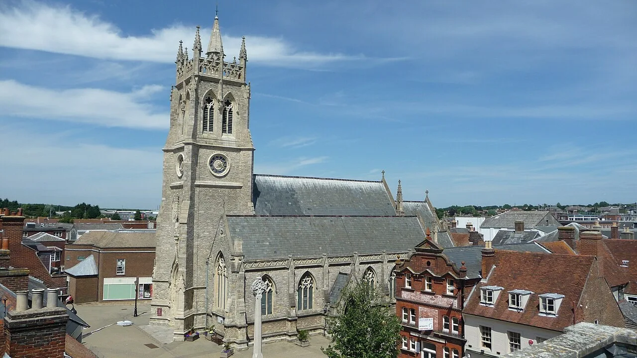 Newport Minster and surrounding town buildings on the Isle of Wight