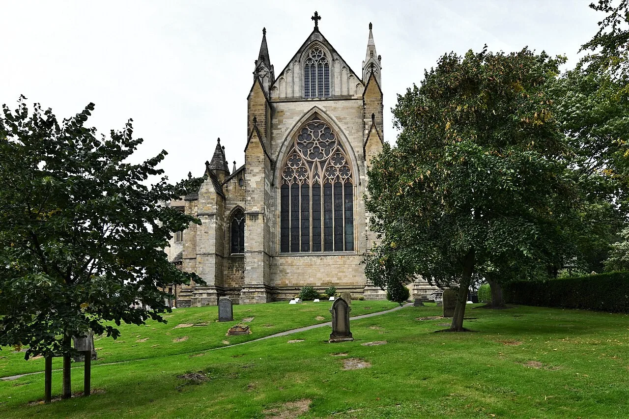 Eastern exterior of Ripon Cathedral above its churchyard