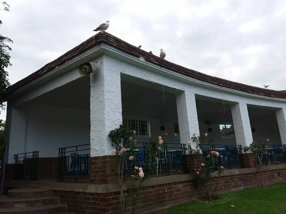 The historic covered entrance building at Cheltenham Lido
