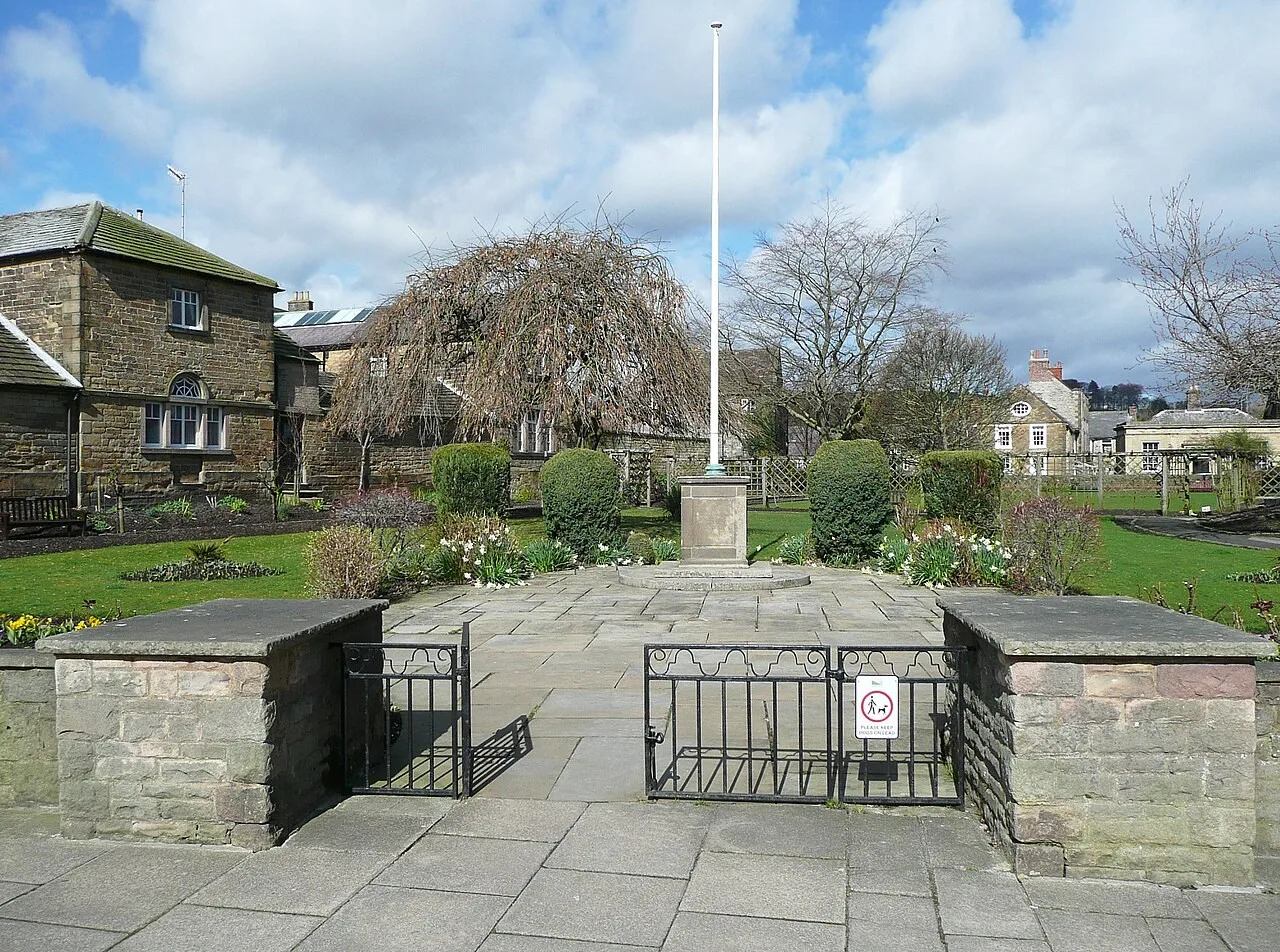 Entrance gates, planted beds, lawns and flagstaff in Bakewell’s Bath Gardens