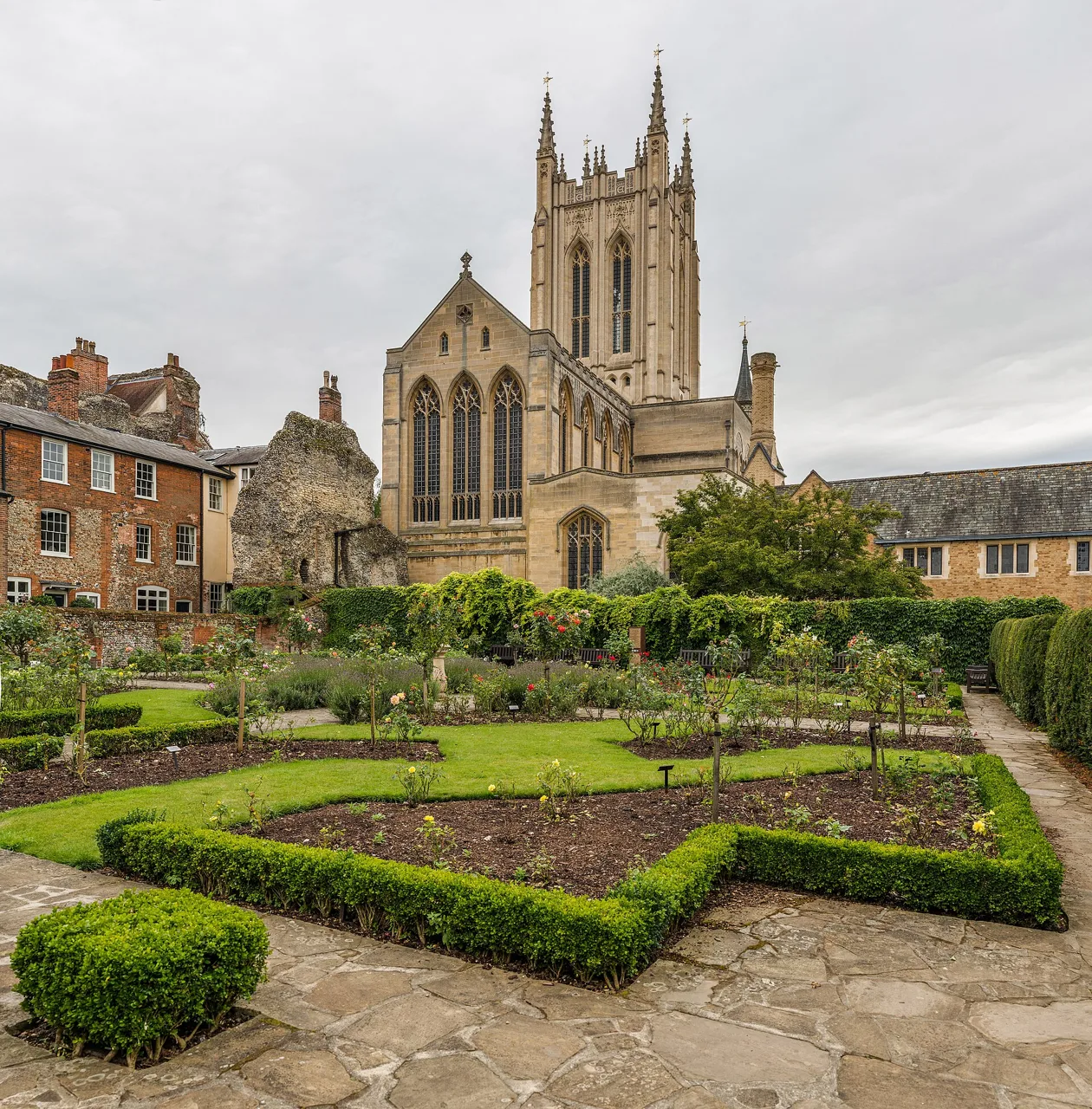 St Edmundsbury Cathedral rising above a formal garden