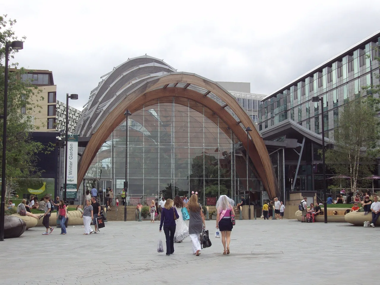Arched glass exterior of Sheffield Winter Garden above the city forecourt