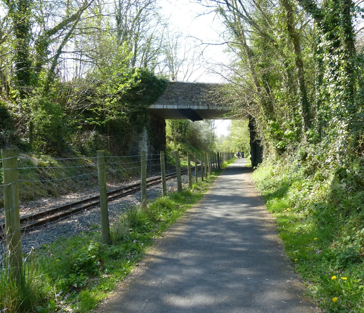 The surfaced Lôn Eifion path alongside the Welsh Highland Railway beneath a bridge