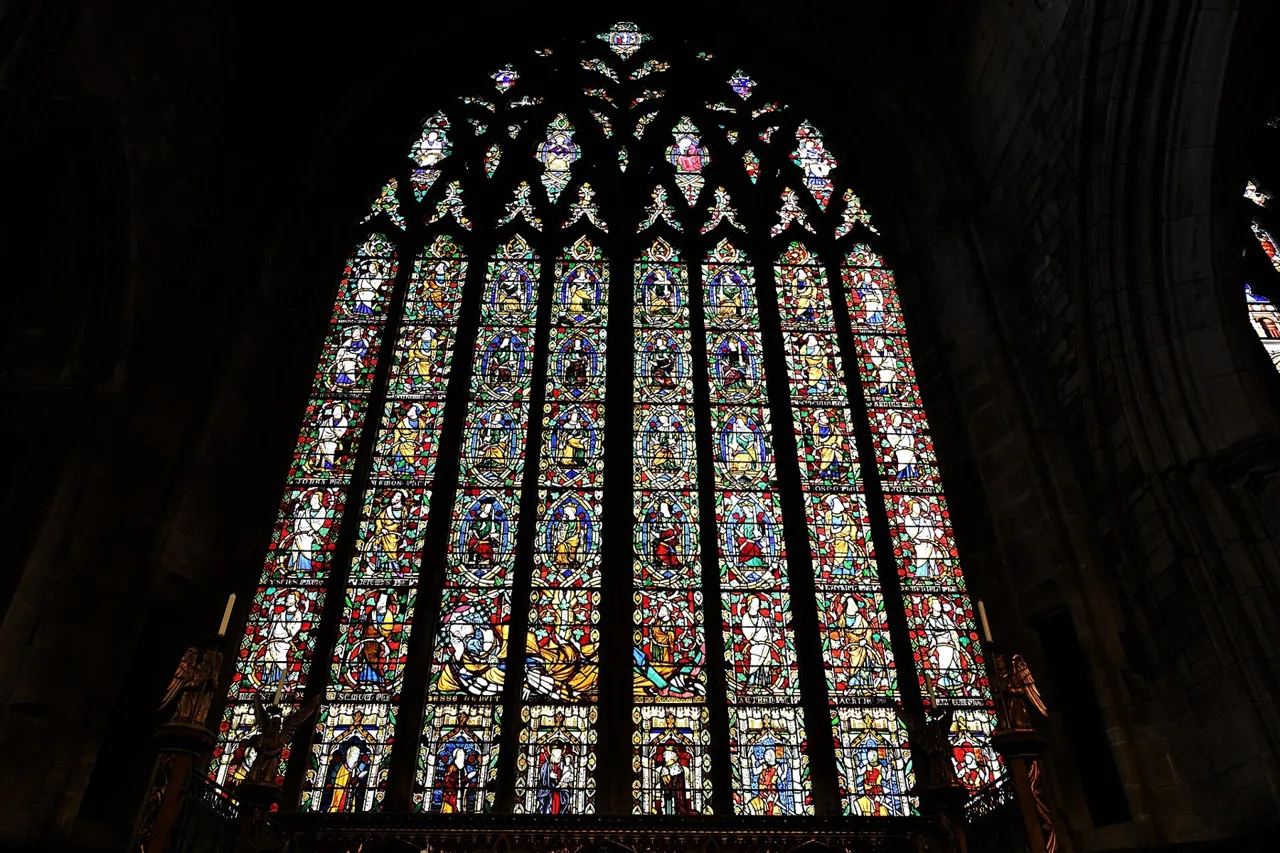 Historic stained-glass Jesse window inside St Mary’s Church, Shrewsbury