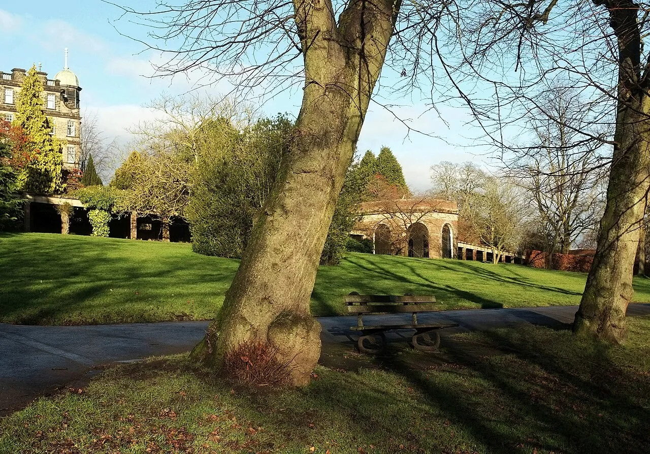 Trees, lawn and the Sun Colonnade in Valley Gardens, Harrogate