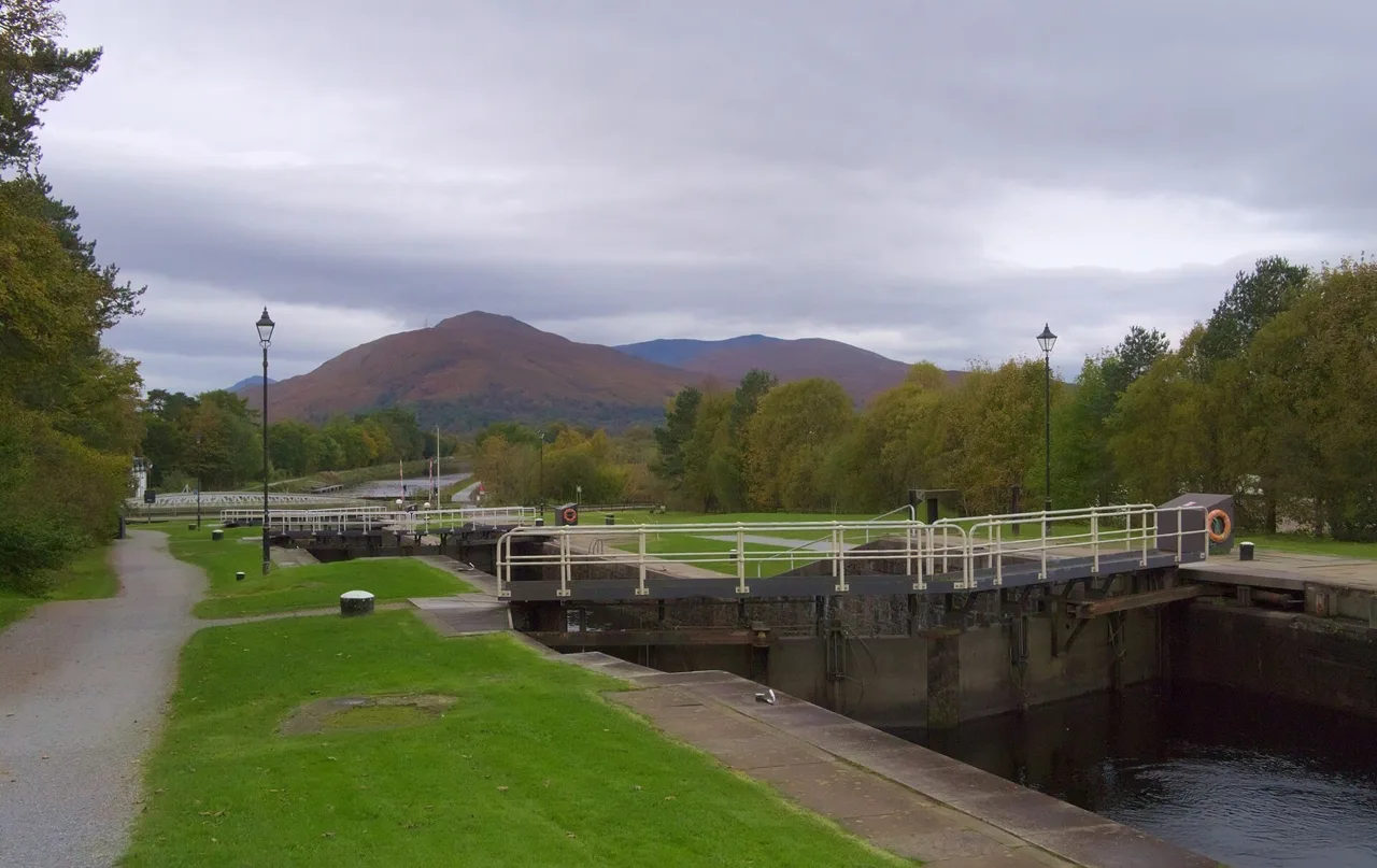 Neptune’s Staircase locks at Banavie with hills beyond