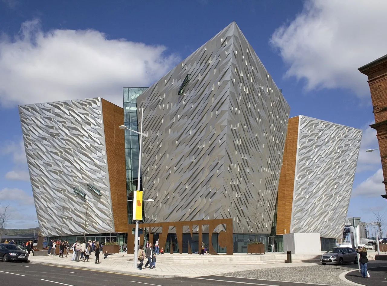 Titanic Belfast’s angular silver-clad exterior beneath a blue sky