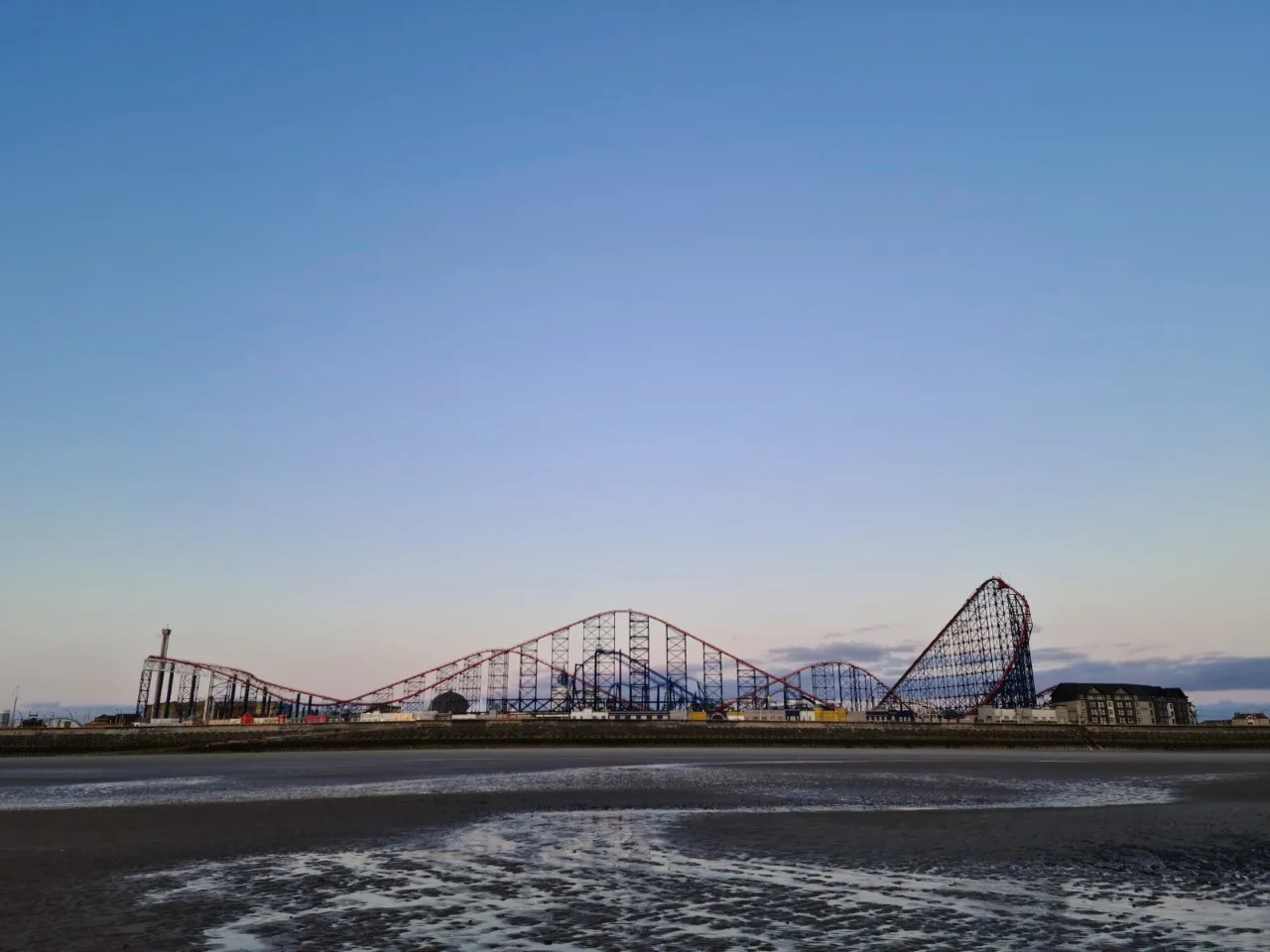 Pleasure Beach rollercoaster skyline seen across South Beach