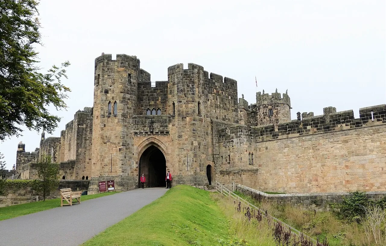 Stone gatehouse and approach at Alnwick Castle