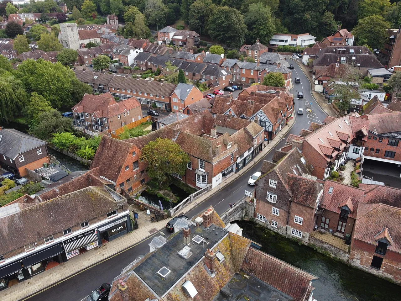 An elevated view of Winchester City Mill and the bridge over the River Itchen