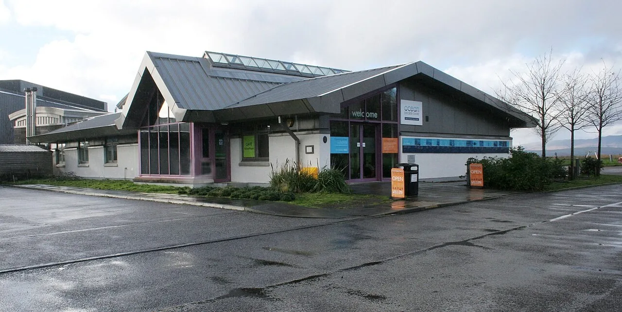 Entrance and low modern building of the Ocean Explorer Centre at Dunbeg