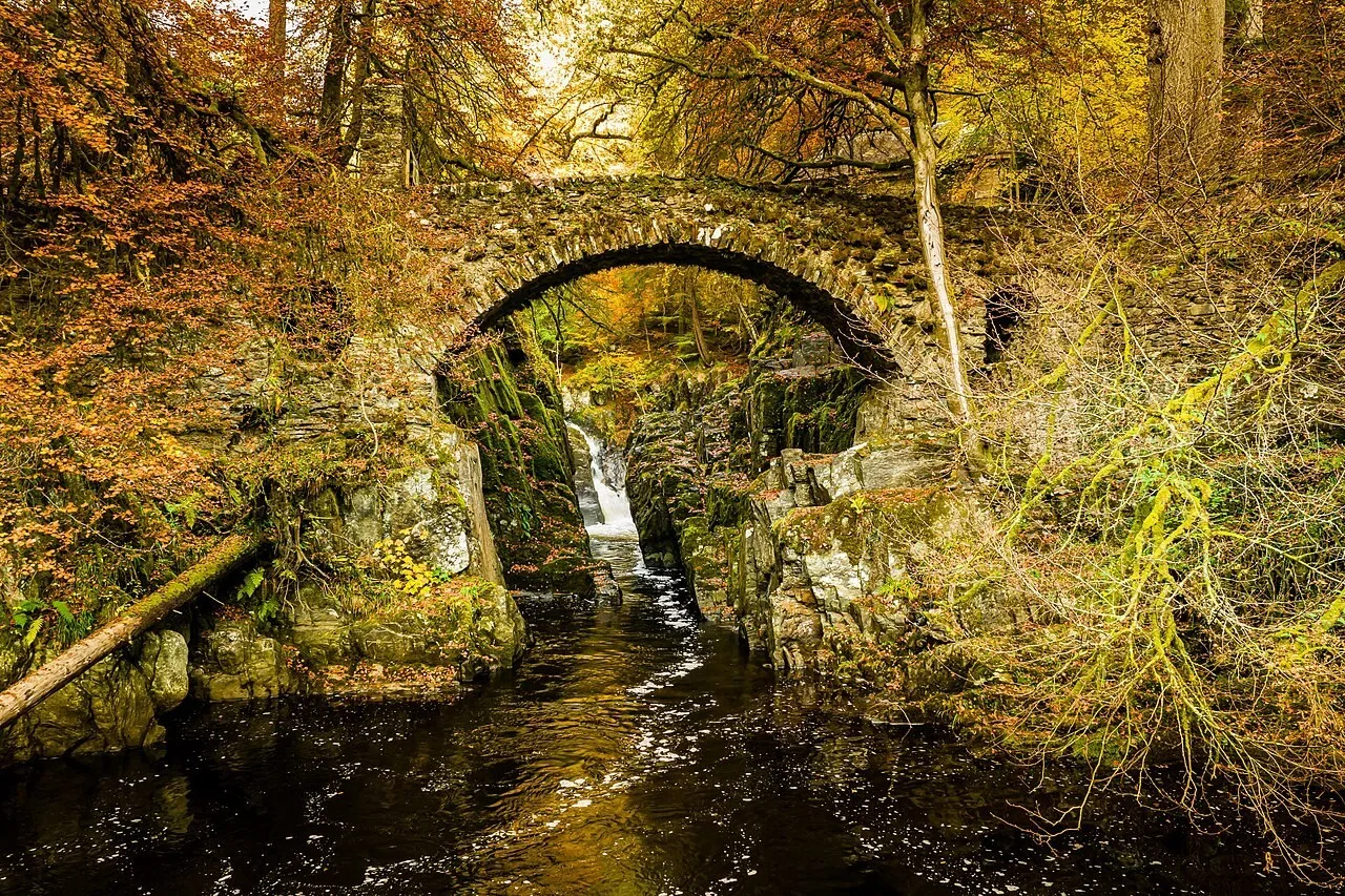 Woodland bridge over the River Braan at the Hermitage near Dunkeld