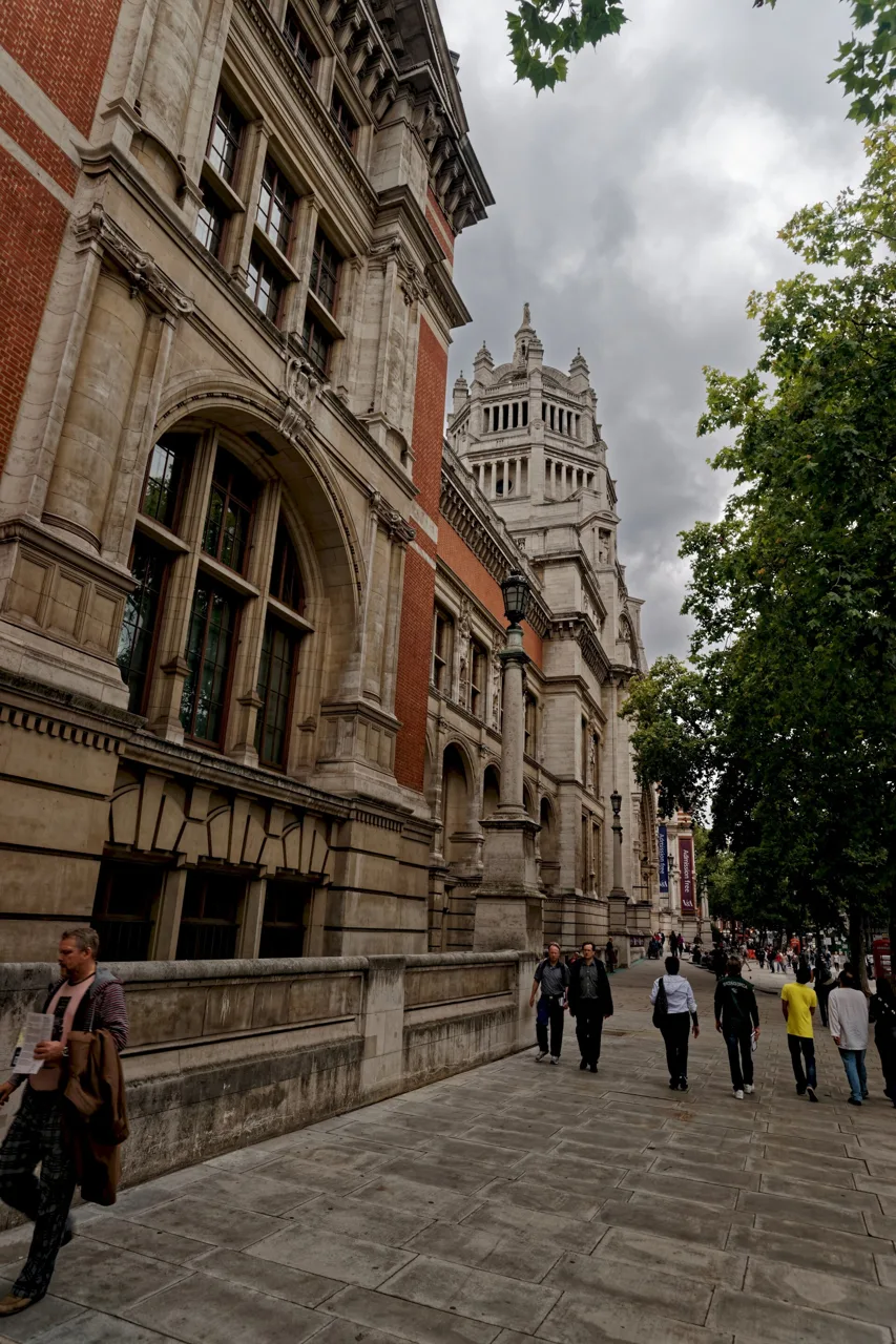 The ornate V&A South Kensington façade along Cromwell Gardens