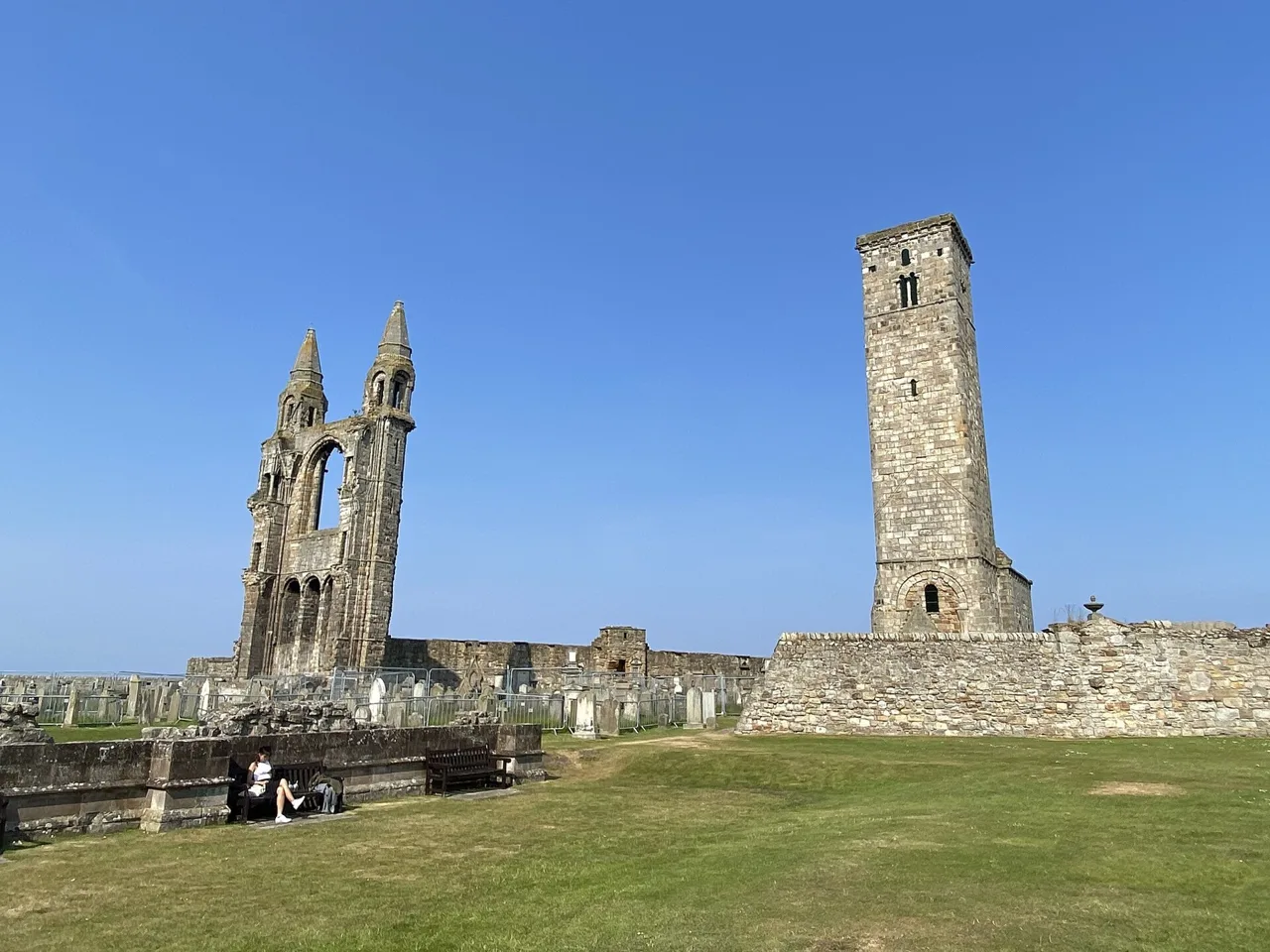 St Rule’s Tower and the surviving western turrets across St Andrews Cathedral grounds