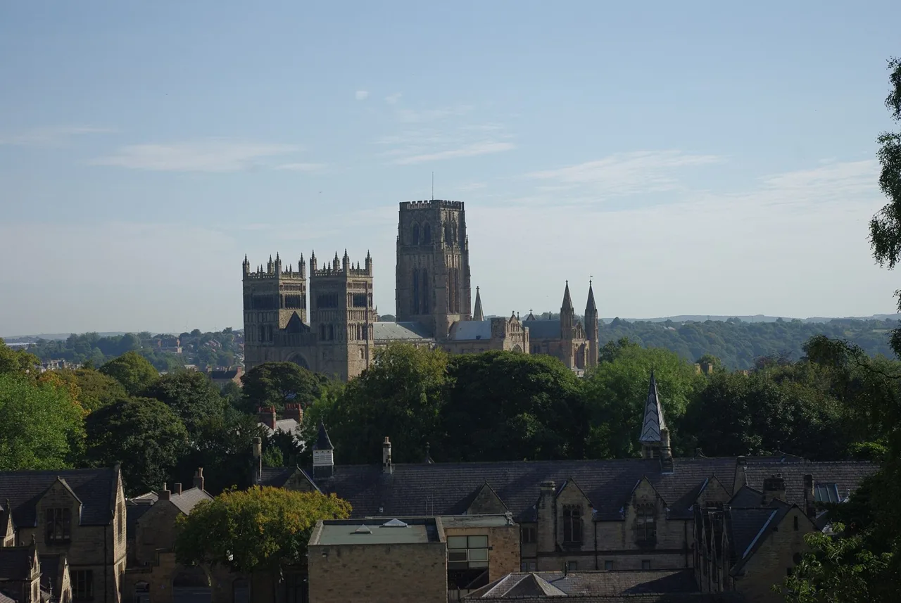 Durham Cathedral rising above trees and city rooftops, seen from Durham School