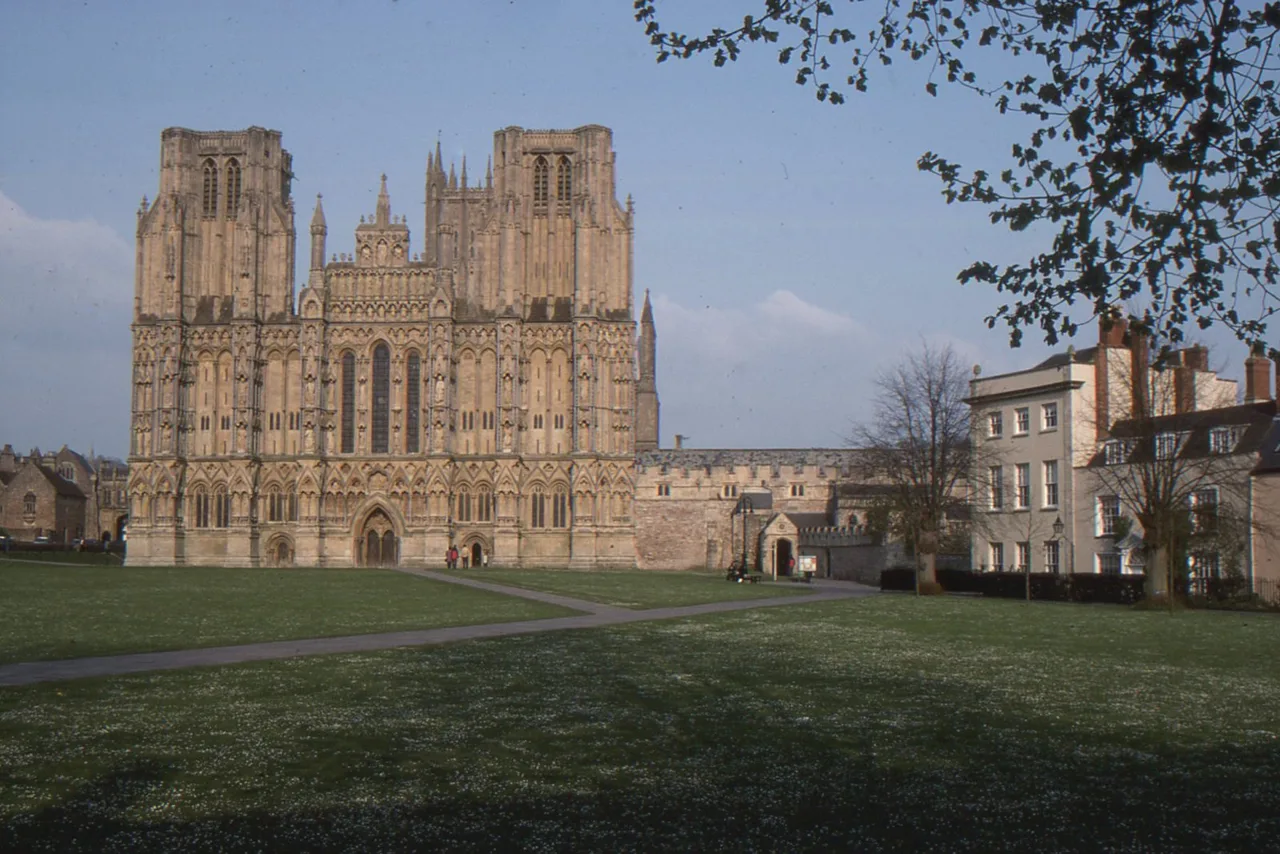 The west front of Wells Cathedral across Cathedral Green