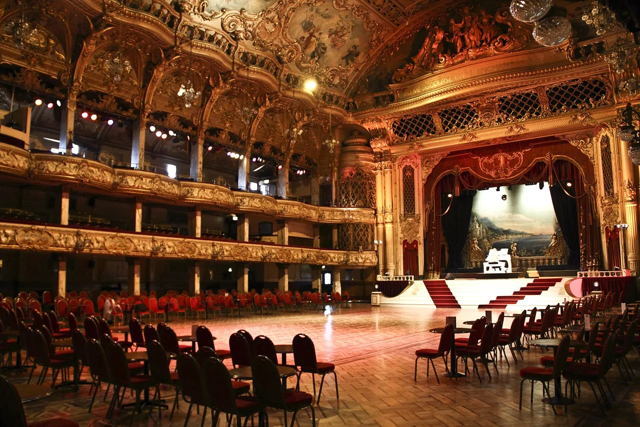 Ornate balconies, dance floor and organ stage inside Blackpool Tower Ballroom