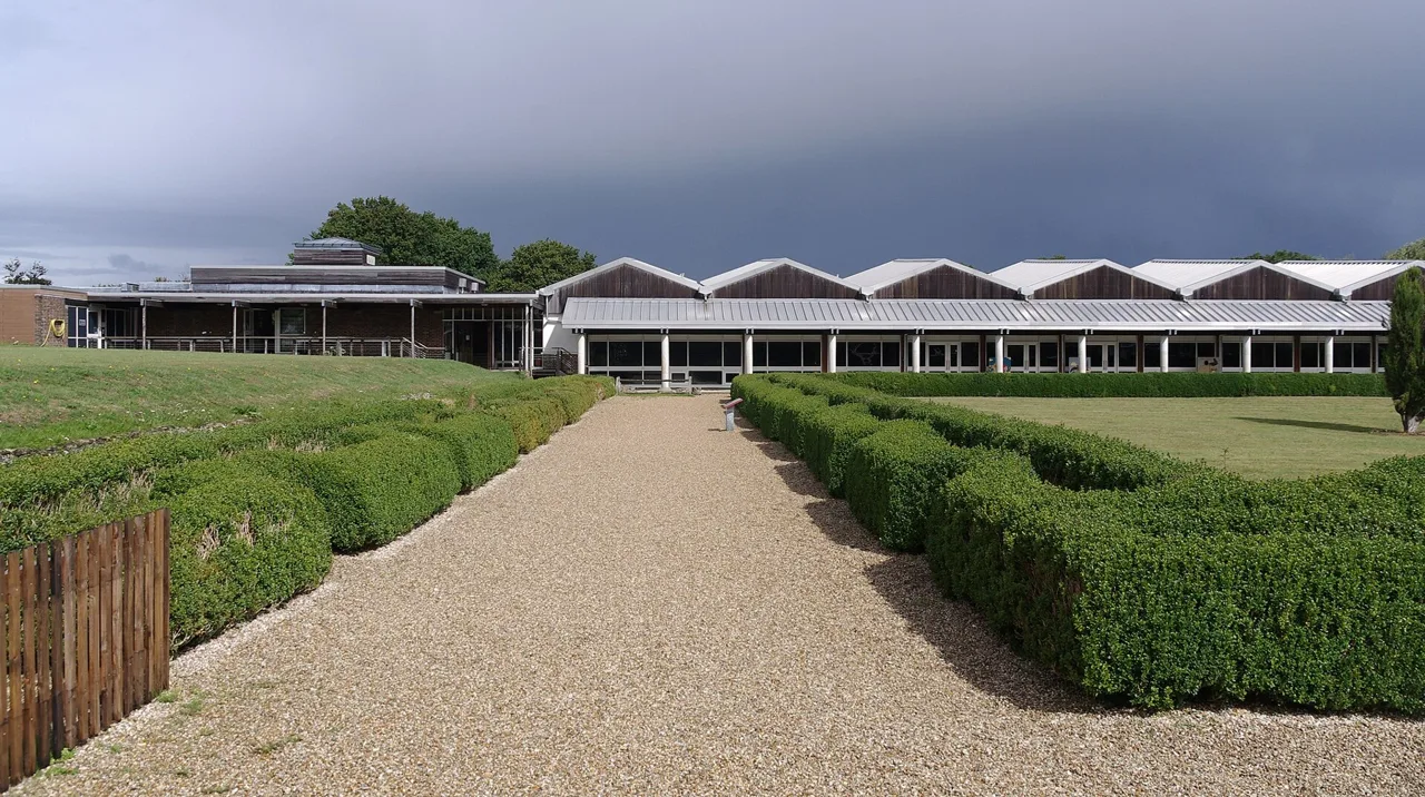 Reconstructed Roman garden paths and the visitor building at Fishbourne