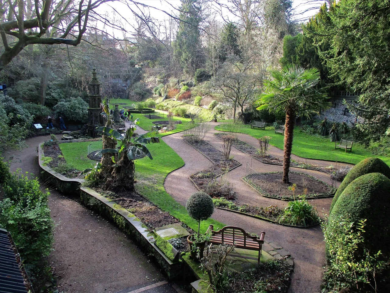 Terraced planting, a fountain and paths in Norwich’s Plantation Garden