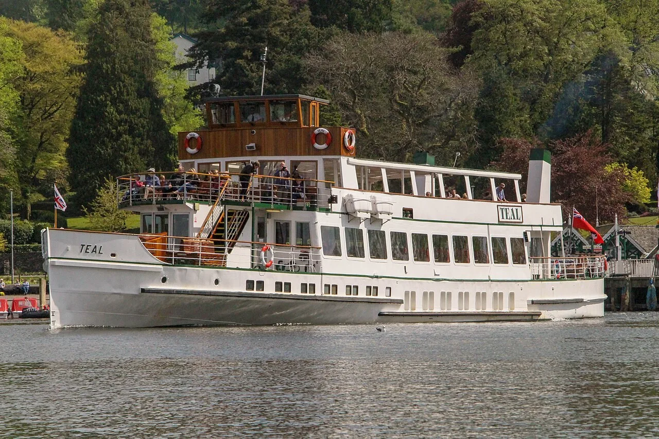 Windermere Lake Cruises vessel Teal moored at Bowness in 2019; vessels vary by route