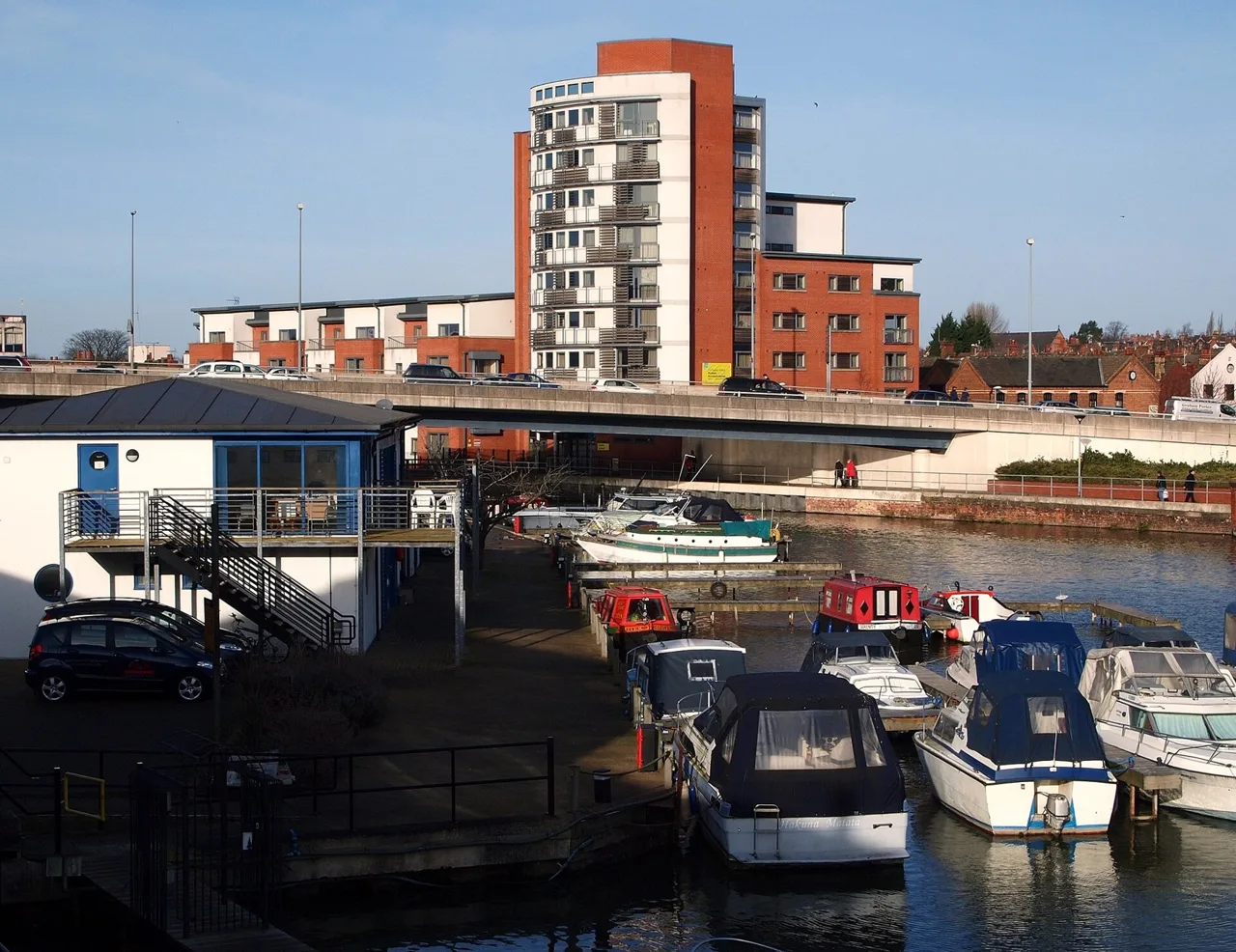 Moored boats and modern waterfront buildings beside Lincoln’s Brayford Pool