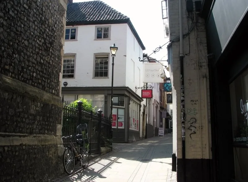 The Museum of Norwich entrance on narrow Bridewell Alley